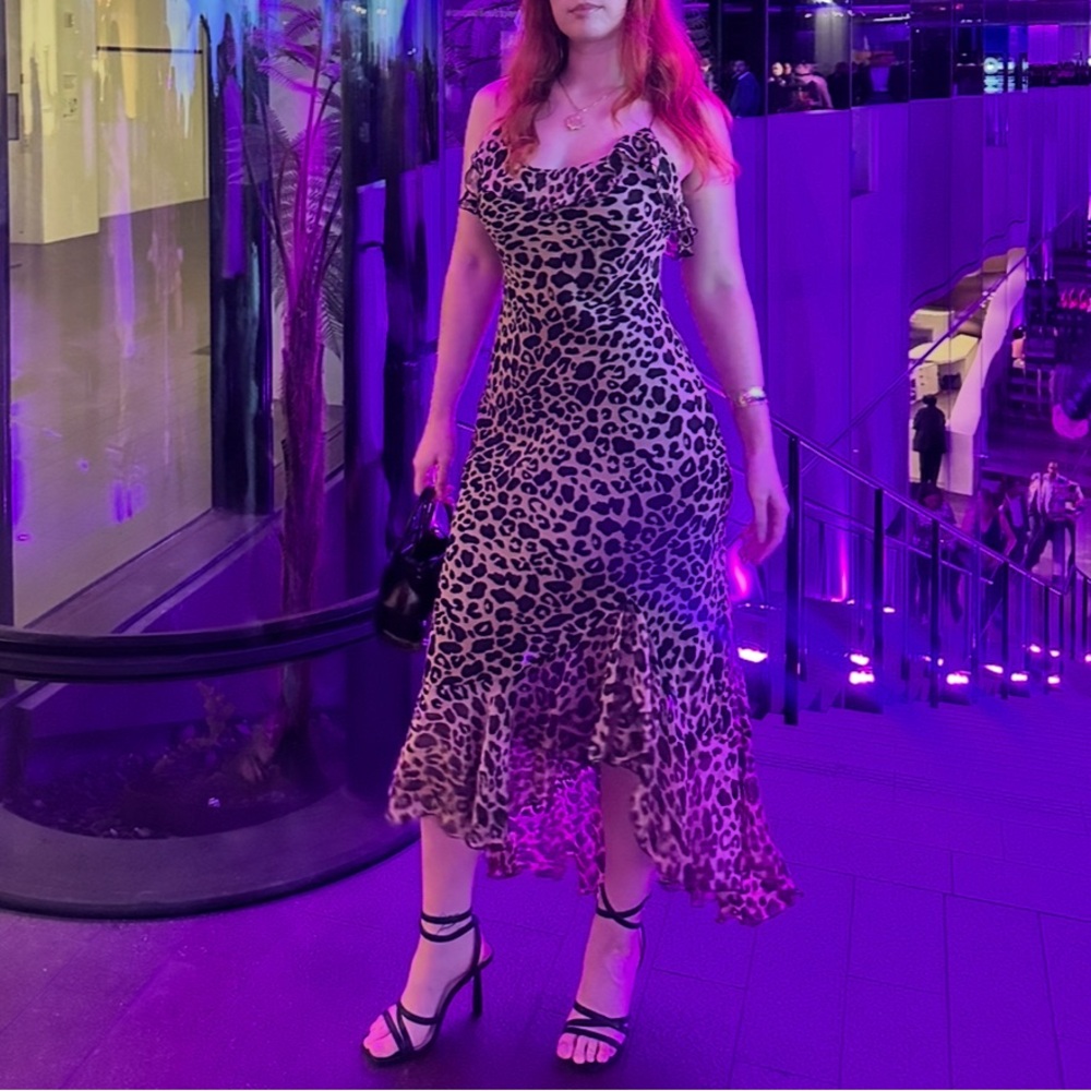 Cache Leopard Print Slip Midi Dress in Brown and Black